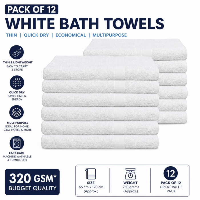 White Thin Bath Towels Bulk Buy 100% Cotton 320 gsm Budget Quality Packs of 12, 60, 72 and 720