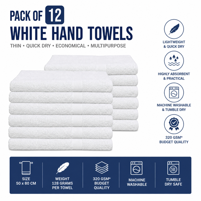 White Thin Hand Towels Bulk Buy 100% Cotton 320 gsm Budget Quality Packs of 12 and 96