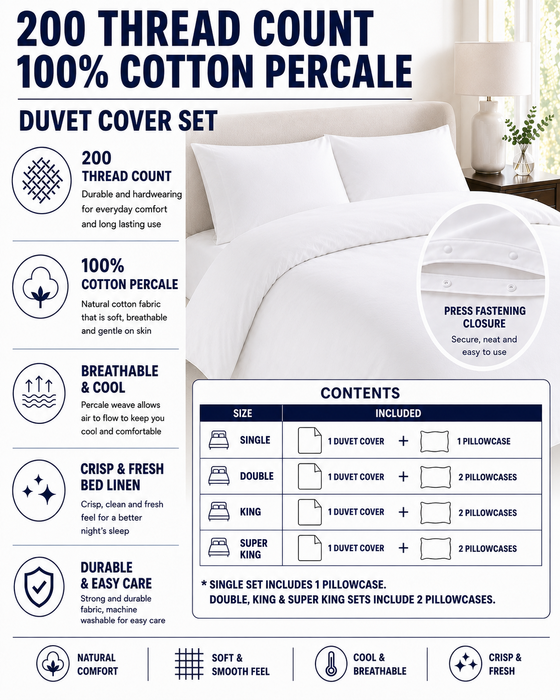 White 100% Cotton Duvet Cover Set Percale 200 Thread Count Bedding Single Double King Super King
