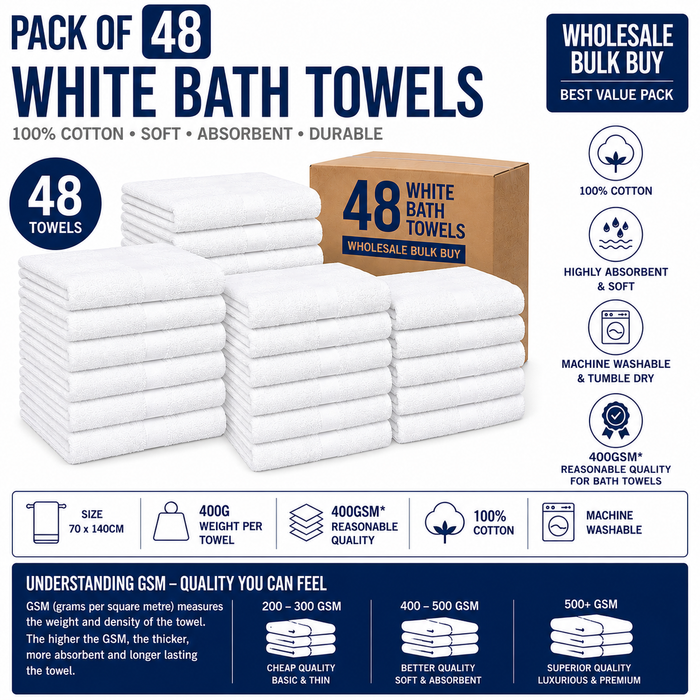 White Bath Towels 100% Cotton 400 gsm Packs of 6, 12 and 48