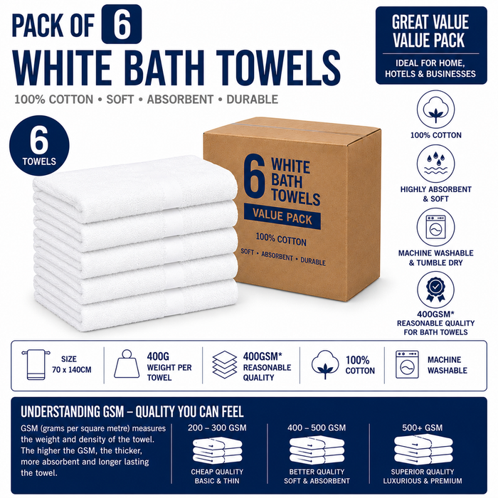 White Bath Towels 100% Cotton 400 gsm Packs of 6, 12 and 48