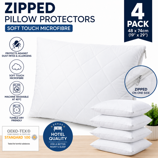 Pillow Protectors Zipped Quilted Anti Allergy Microfibre Soft Touch Fully Enclosed Covers 4 Pack