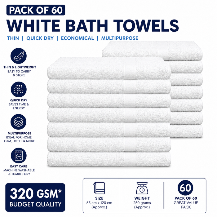 White Thin Bath Towels Bulk Buy 100% Cotton 320 gsm Budget Quality Packs of 12, 60, 72 and 720