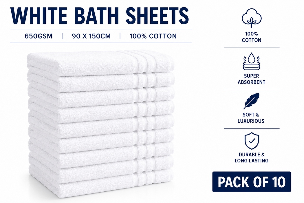 White Bath Sheets Towels 650gsm 90 x 150cm 100% Cotton Packs of 2, 10 and 24