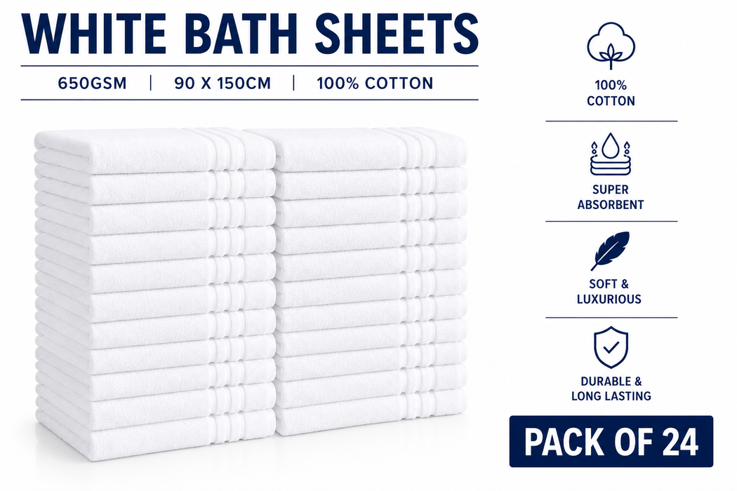 White Bath Sheets Towels 650gsm 90 x 150cm 100% Cotton Packs of 2, 10 and 24