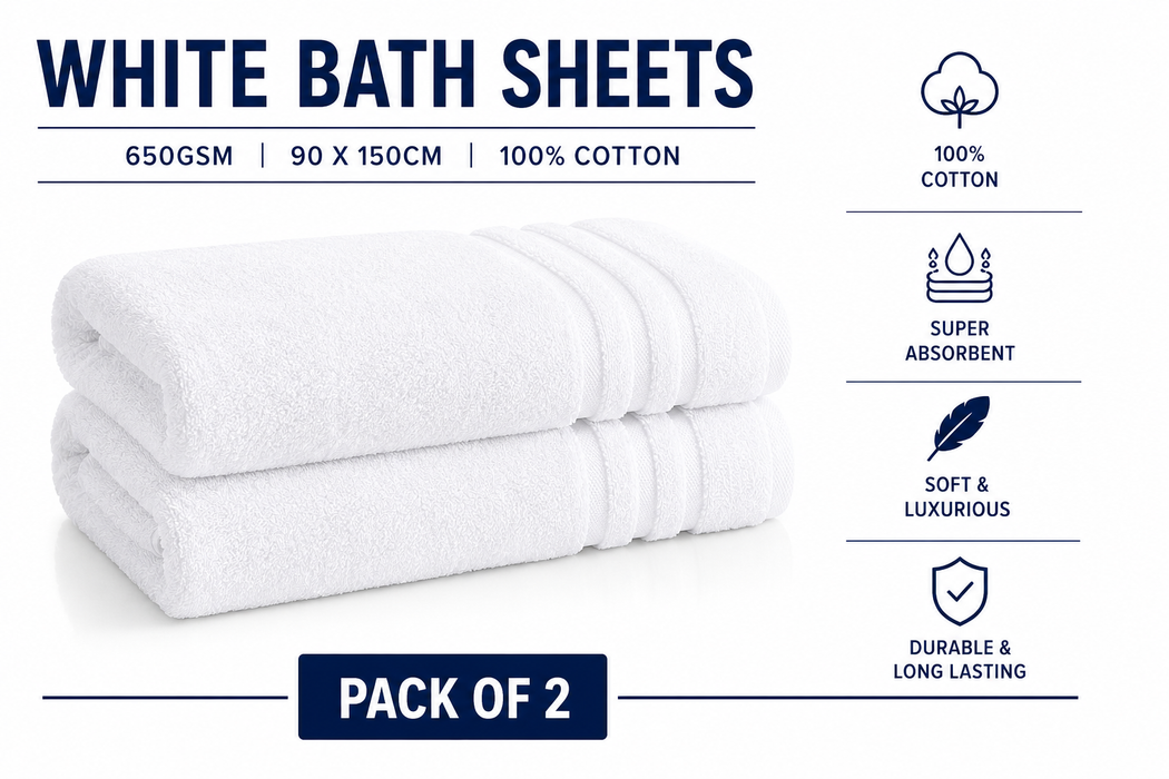 White Bath Sheets Towels 650gsm 90 x 150cm 100% Cotton Packs of 2, 10 and 24