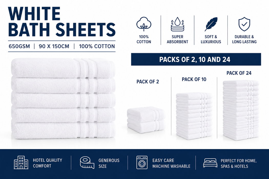 White Bath Sheets Towels 650gsm 90 x 150cm 100% Cotton Packs of 2, 10 and 24