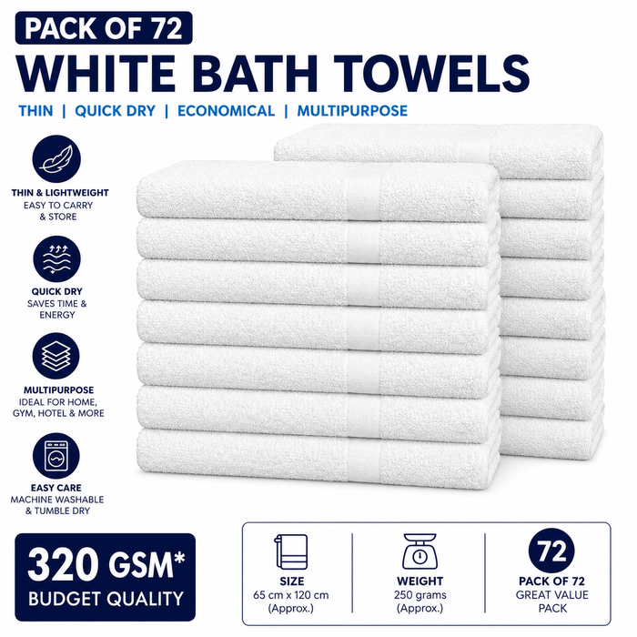 White Thin Bath Towels Bulk Buy 100% Cotton 320 gsm Budget Quality Packs of 12, 60, 72 and 720