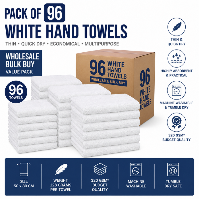 White Thin Hand Towels Bulk Buy 100% Cotton 320 gsm Budget Quality Packs of 12 and 96