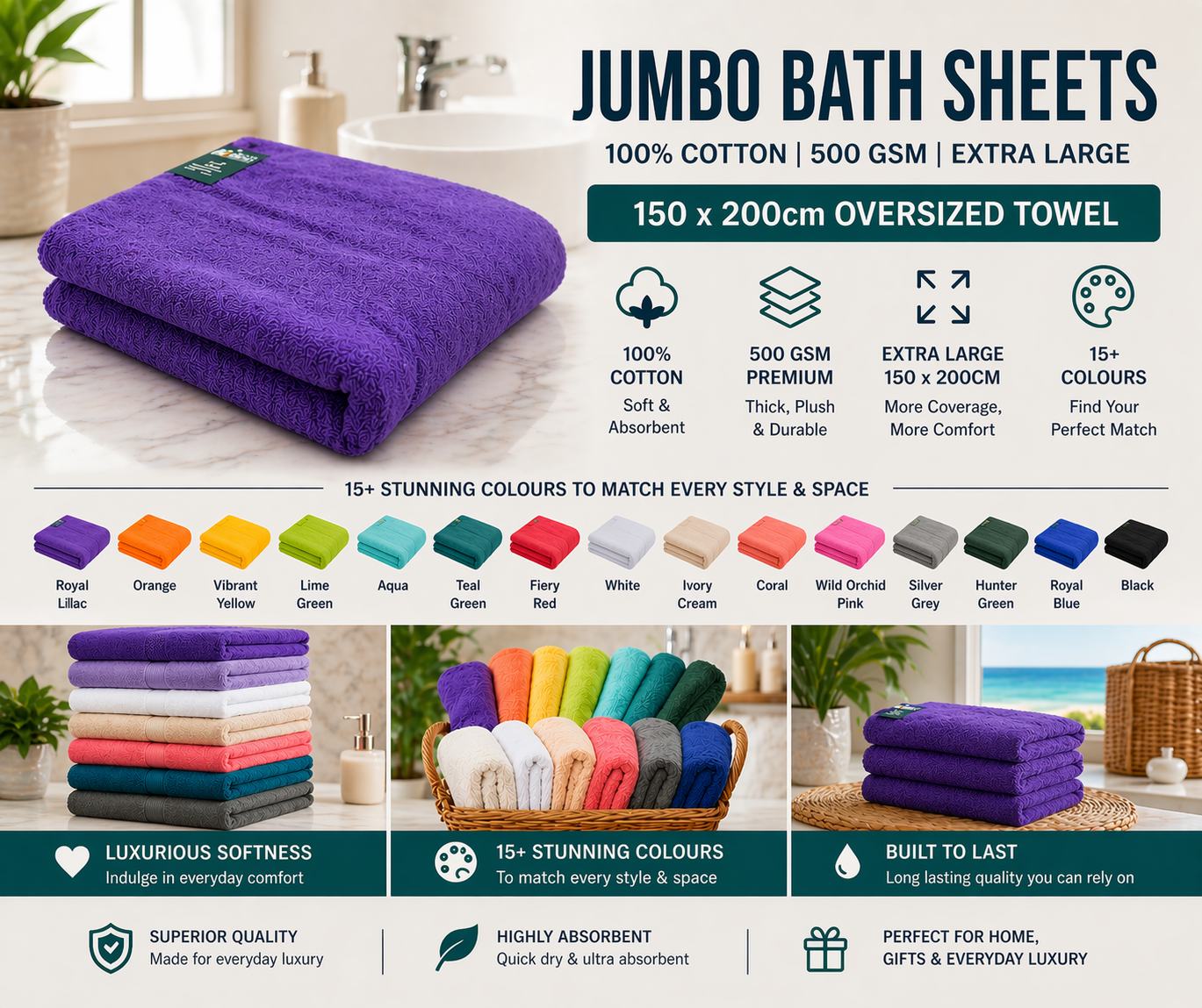 Oversized Bath Towel Sheet 150 x 200cm 500GSM Extra Large 100% Cotton