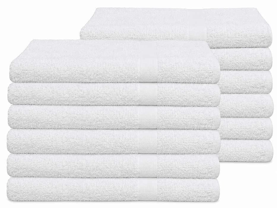Wholesale Thin White Bath Towels Bulk Buy 100% Cotton 320 gsm Budget Quality Packs of 12, 60, 72 and 720