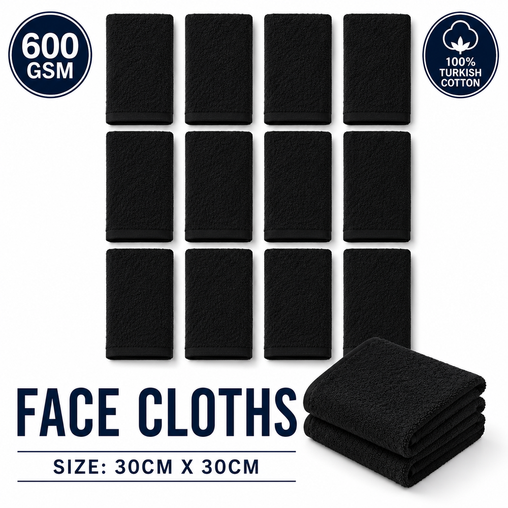 Luxury Black Face Towels Wash Cloths Flannels 600gsm 100% Cotton Packs of 12 and 96