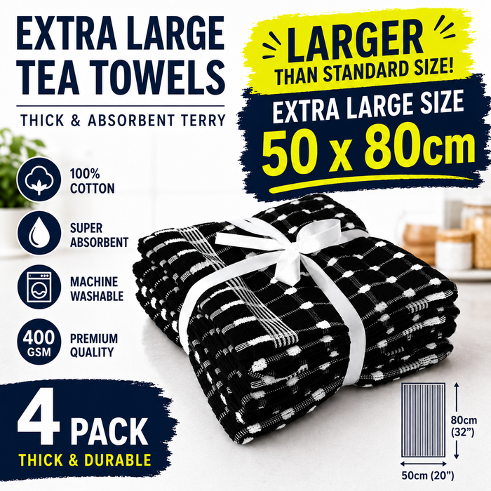 Black Tea Towels Extra Large 100% Cotton 50cm x 80cm 4 Pack