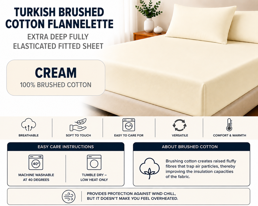 Euro Long Single 90 x 200cm Brushed Cotton 12 inch Deep Fitted Sheet Cream