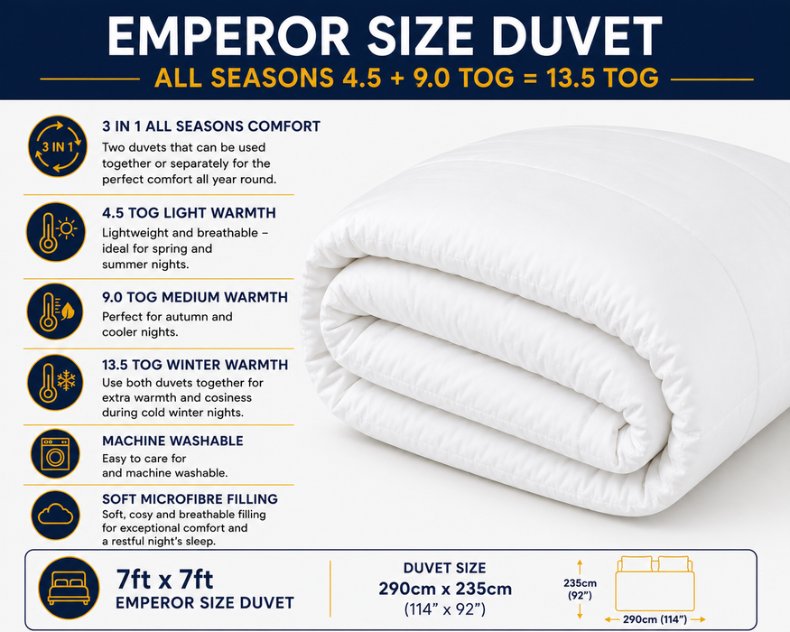 Emperor All Seasons (4.5 + 9.0 Tog) Duvet Microfibre Down Alternative Hypoallergenic