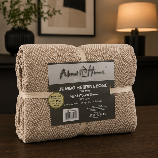 Extra Large Herringbone Throw Blanket 100% Cotton Natural & Beige