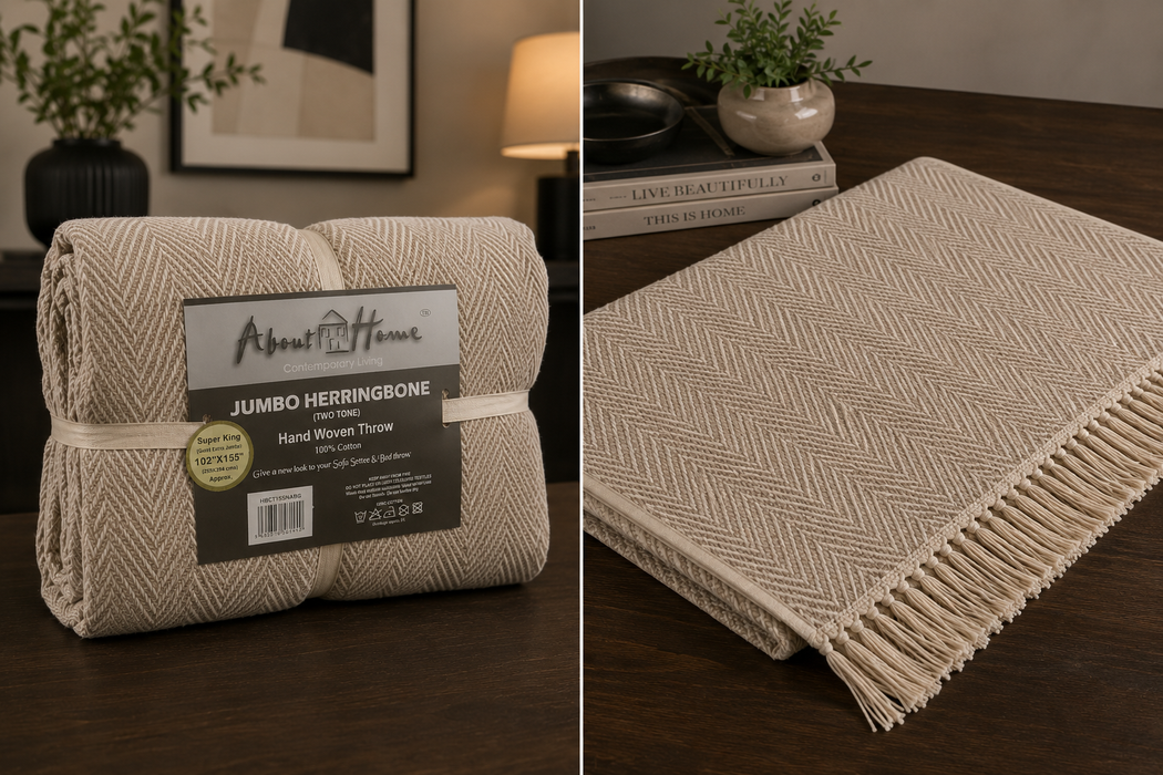 Extra Large Herringbone Throw Blanket 100% Cotton Natural & Beige