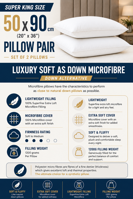 Super King Size Luxury Pillows Pack of 2 Down Alternative Microfibre