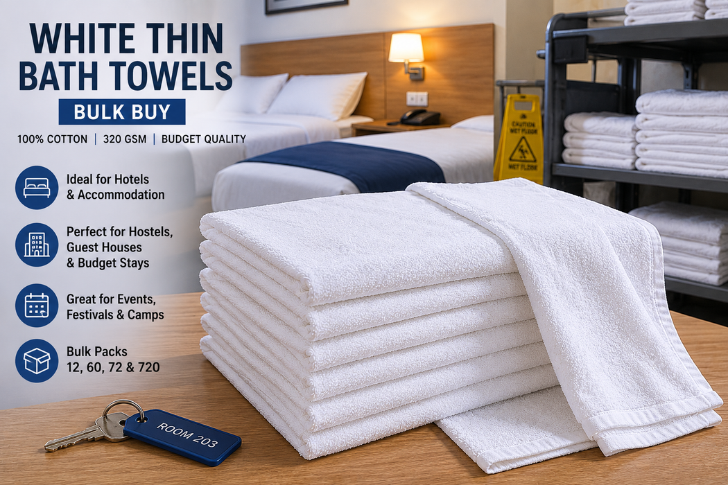 Wholesale Thin White Bath Towels Bulk Buy 100% Cotton 320 gsm Budget Quality Packs of 12, 60, 72 and 720
