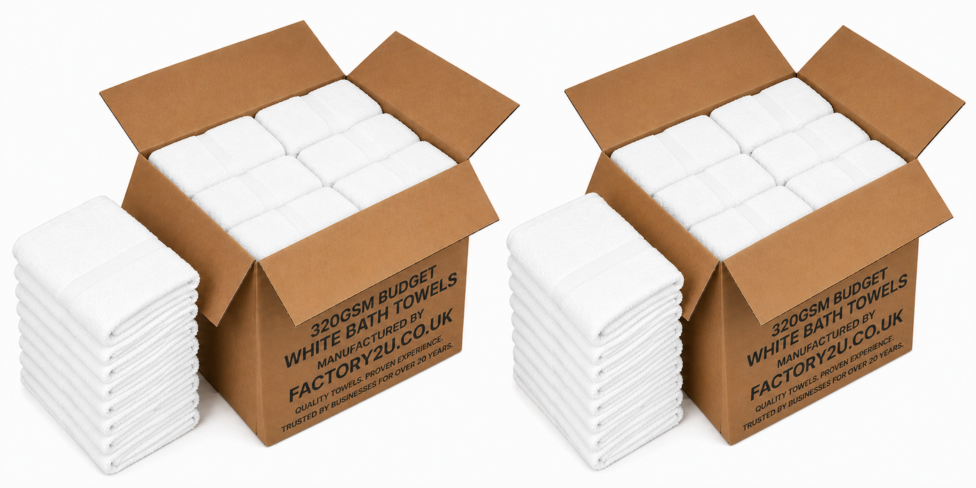 Wholesale Thin White Bath Towels Bulk Buy 100% Cotton 320 gsm Budget Quality Packs of 12, 60, 72 and 720