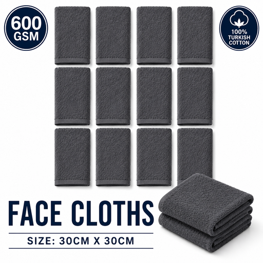Dark Grey Face Towels Wash Cloths Flannels 600gsm Turkish Cotton Packs of 12 and 96