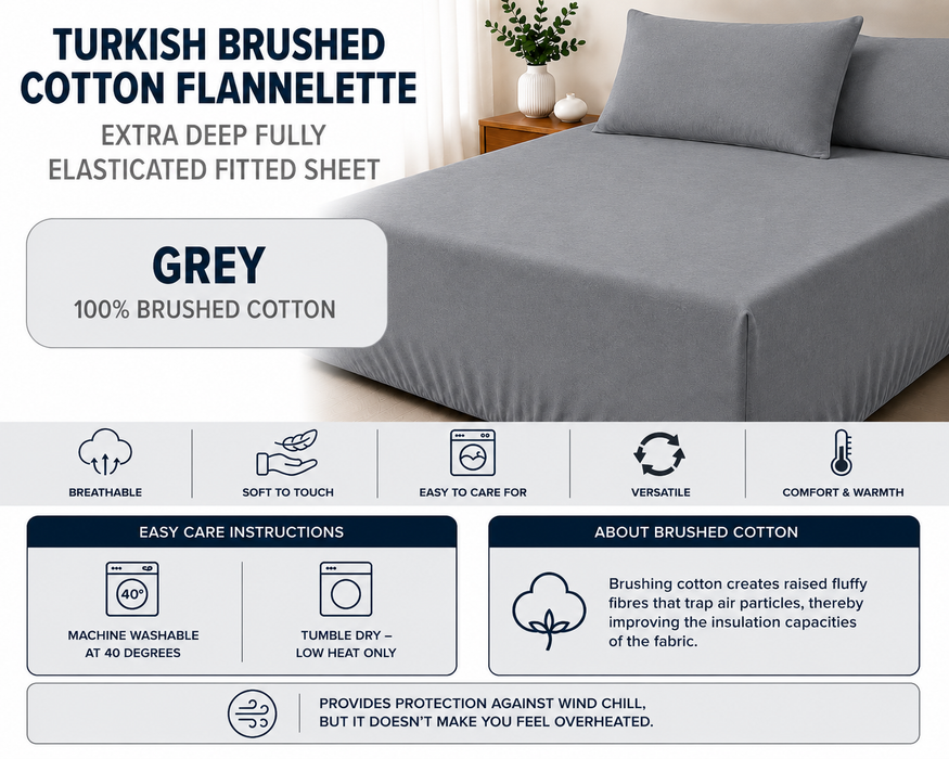 Super King Size 18" Deep Brushed Cotton Turkish Flannelette Fitted Sheet Grey