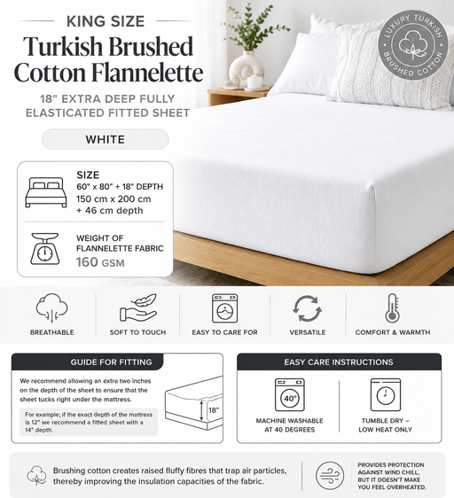 King Size Brushed Cotton Flannelette Fitted Sheet 18" Extra Deep White