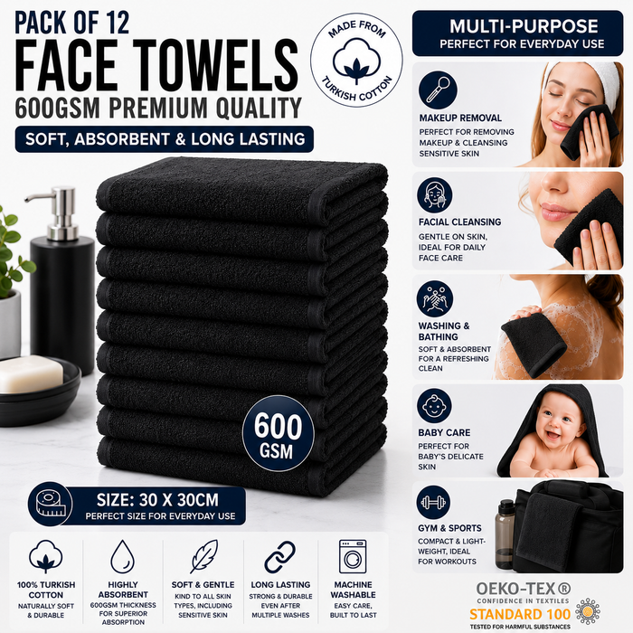 Luxury Black Face Towels Wash Cloths Flannels 600gsm 100% Cotton Packs of 12 and 96