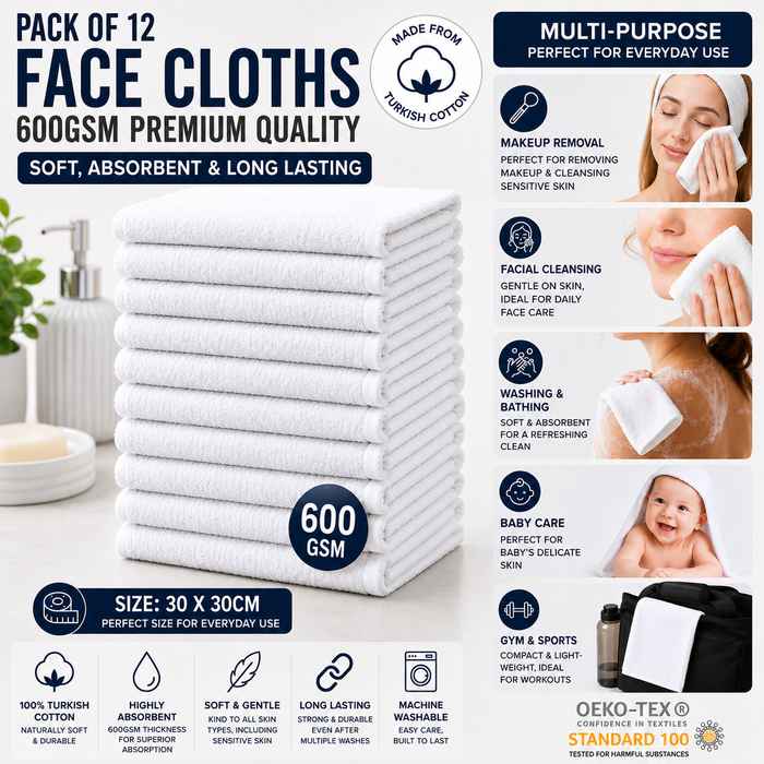 Luxury White Face Towels Wash Cloths Flannels 600gsm 100% Cotton Packs of 12 and 96