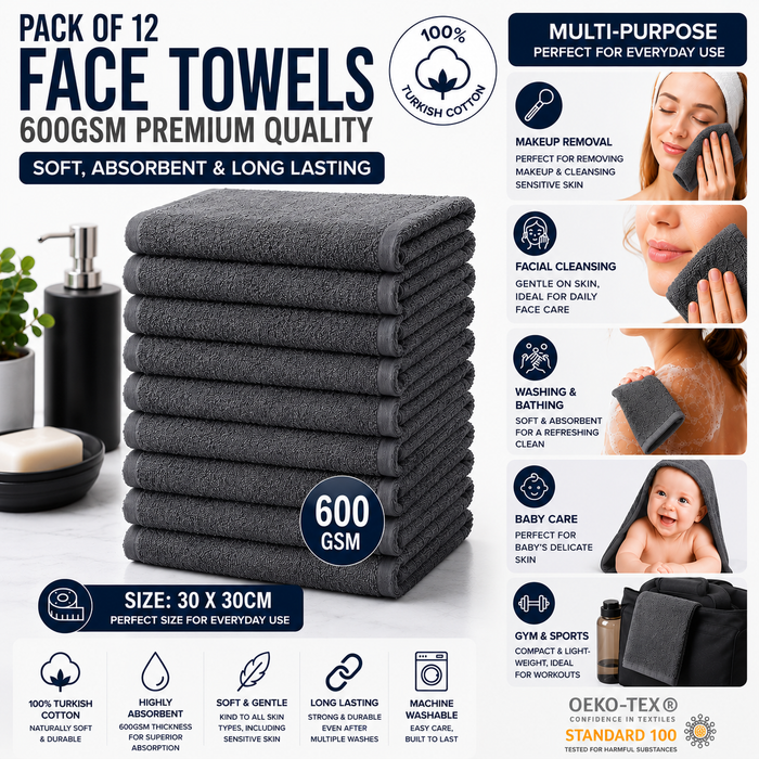 Dark Grey Face Towels Wash Cloths Flannels 600gsm Turkish Cotton Packs of 12 and 96