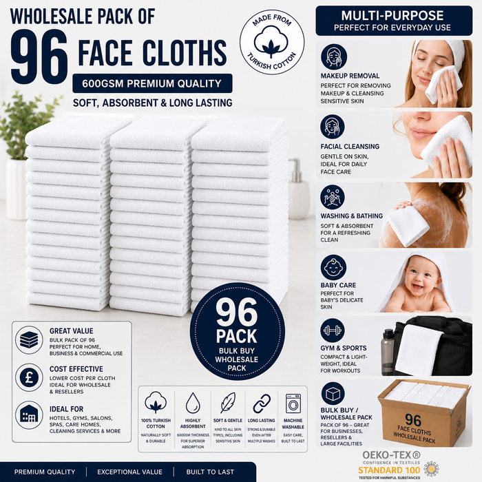 Luxury White Face Towels Wash Cloths Flannels 600gsm 100% Cotton Packs of 12 and 96