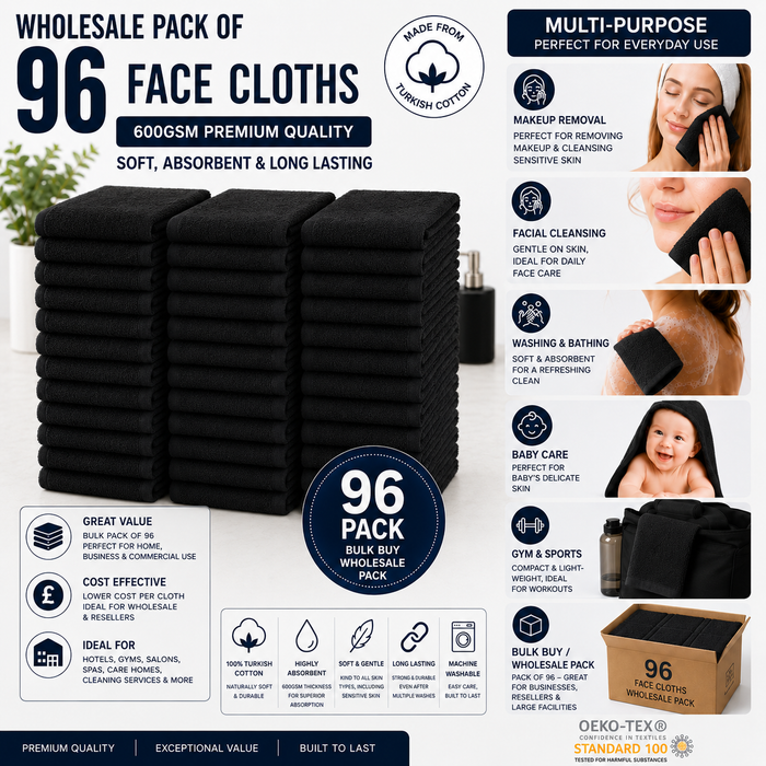 Luxury Black Face Towels Wash Cloths Flannels 600gsm 100% Cotton Packs of 12 and 96