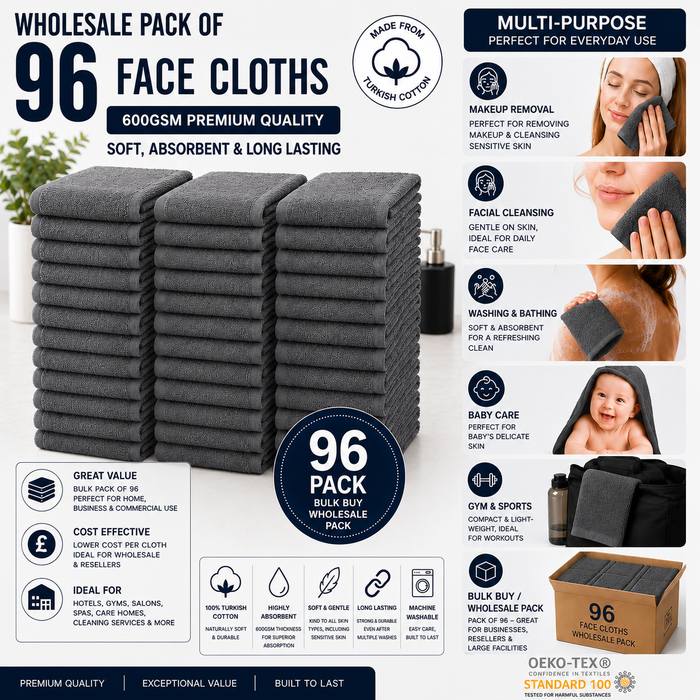 Dark Grey Face Towels Wash Cloths Flannels 600gsm Turkish Cotton Packs of 12 and 96