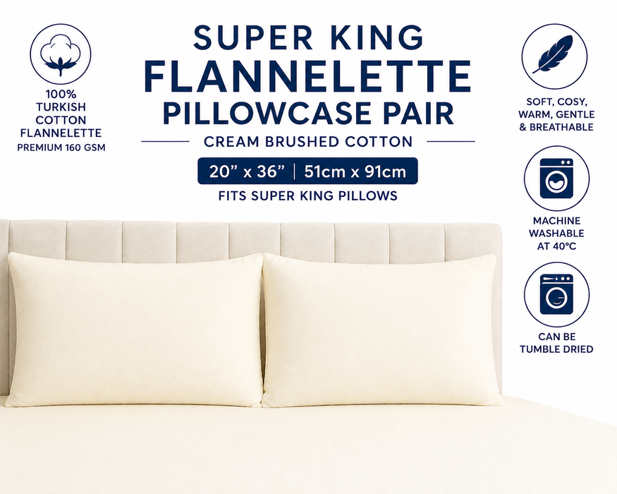 Super King Size Brushed Cotton Flannelette Pillowcase Pair Cream 50 x 90cm