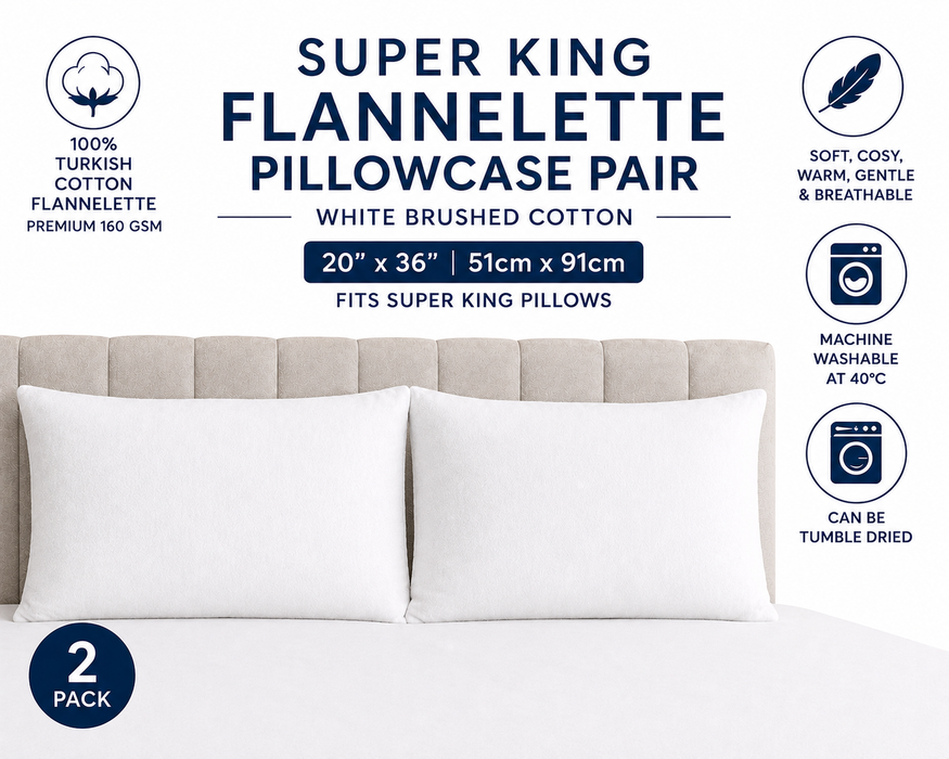 Super King 50 x 90cm Brushed Cotton Flannelette Pillowcases Pack of 2 White