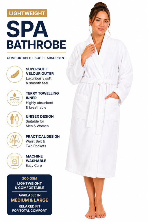 White Spa Bathrobe – Lightweight 300 GSM Velour & Terry Towelling Dressing Gown | Unisex