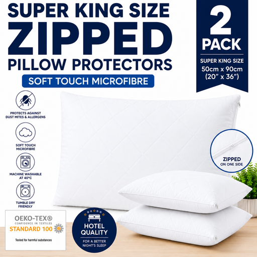 Super King Size Pillow Protectors Quilted Microfibre 50 x 90 cm Zipped Pack of 2 Hypo Allergenic Soft Smooth Touch