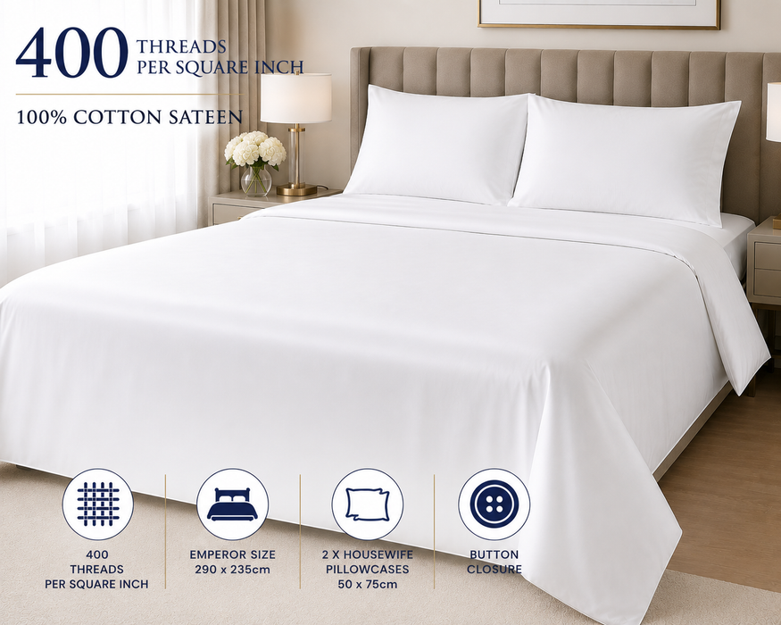 Emperor Duvet Cover Set 100% Cotton Sateen 400 Thread Count White