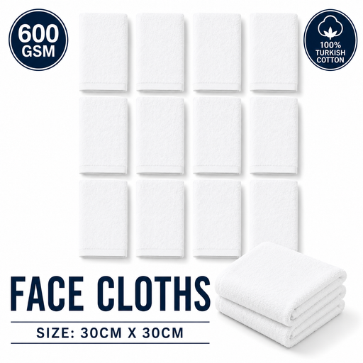 Luxury White Face Towels Wash Cloths Flannels 600gsm 100% Cotton Packs of 12 and 96