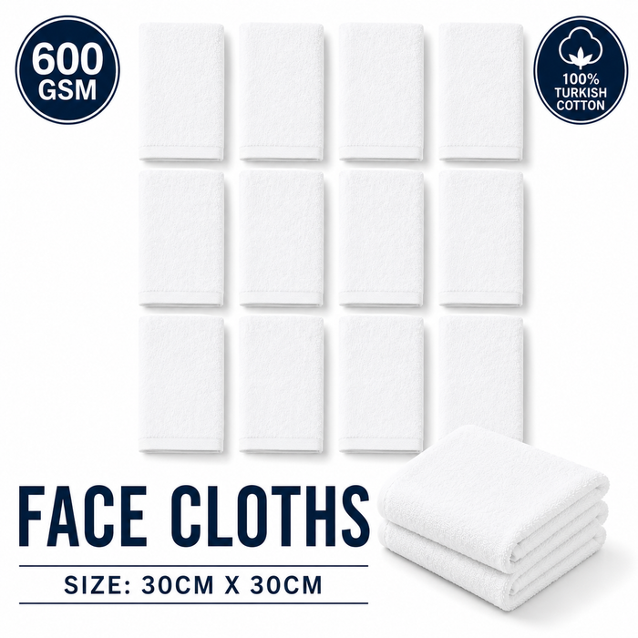 Luxury White Face Towels Wash Cloths Flannels 600gsm 100% Cotton Packs of 12 and 96
