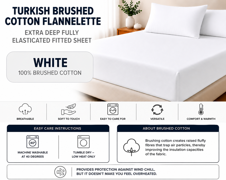 Single Bed Brushed Cotton Flannelette Fitted Sheet White 160gsm Superior Quality