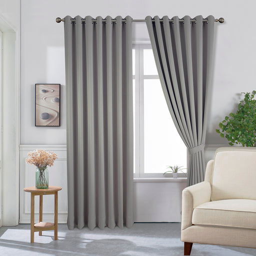 Pair of Blackout Eyelet Dove Grey Long Curtains 90" x 108" Two Tie Backs Included