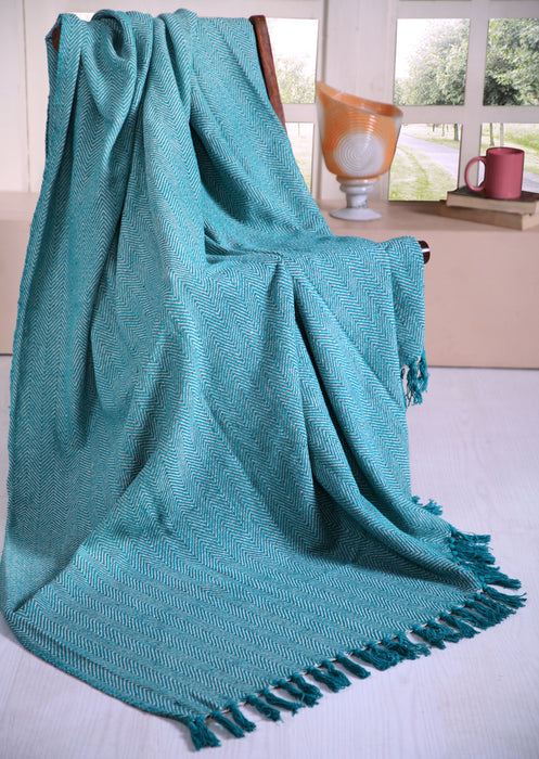 Teal and Natural Throw Blanket Herringbone 100% Cotton Individual