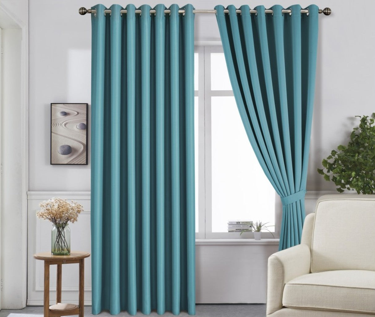 Extra Long 300cm Teal Blackout Curtain Pair 96" x 118" Two Tie Backs Included