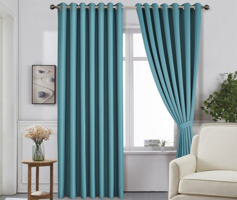 66" x 90" Teal Blackout Bedroom Eyelet Curtains with Tiebacks