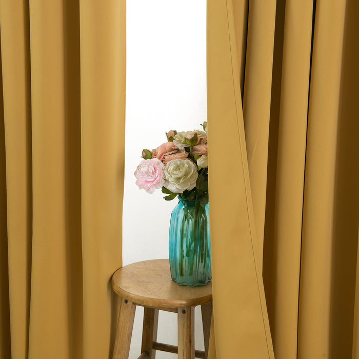 Pair of Blackout Ochre Yellow Eyelet Curtains 90" x 108" Two Tie Backs Included