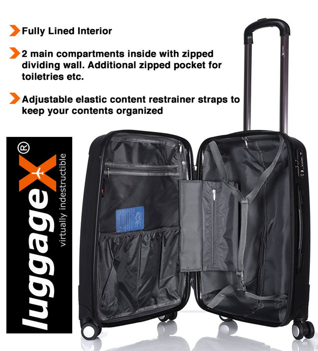 Hard Black Suitcase Set of 3 Virtually Indestructible LuggageX 4 Double Spinner Wheels