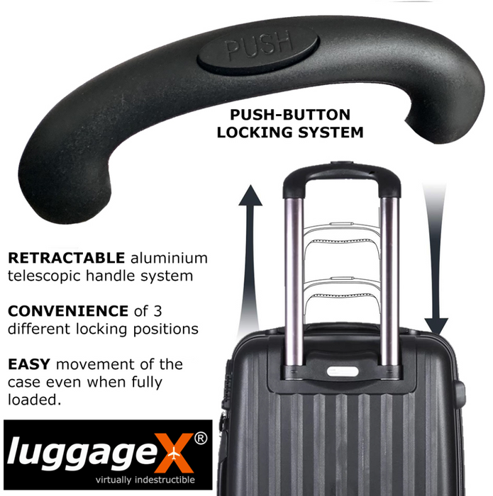 Hard Black Suitcase Set of 3 Virtually Indestructible LuggageX 4 Double Spinner Wheels